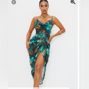 Green print strappy gathered dress